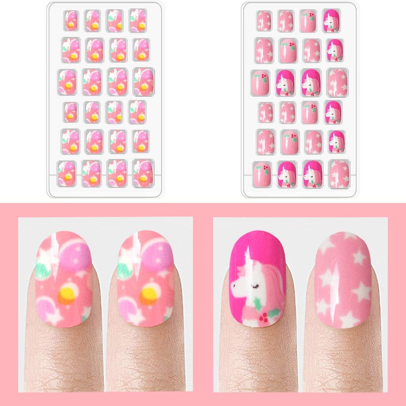 Laza 120pcs Children Nails Girls Press On Artificial Nail Tips Pre-glue Full Cover Short Cute False Nail Kits Lovely Christmas Gift for Children Kids Little Girl Nail Art Decoration - Fairy Kingdom - Image 2